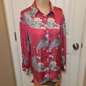 Bright Pink Leopard Print Button-Up Blouse